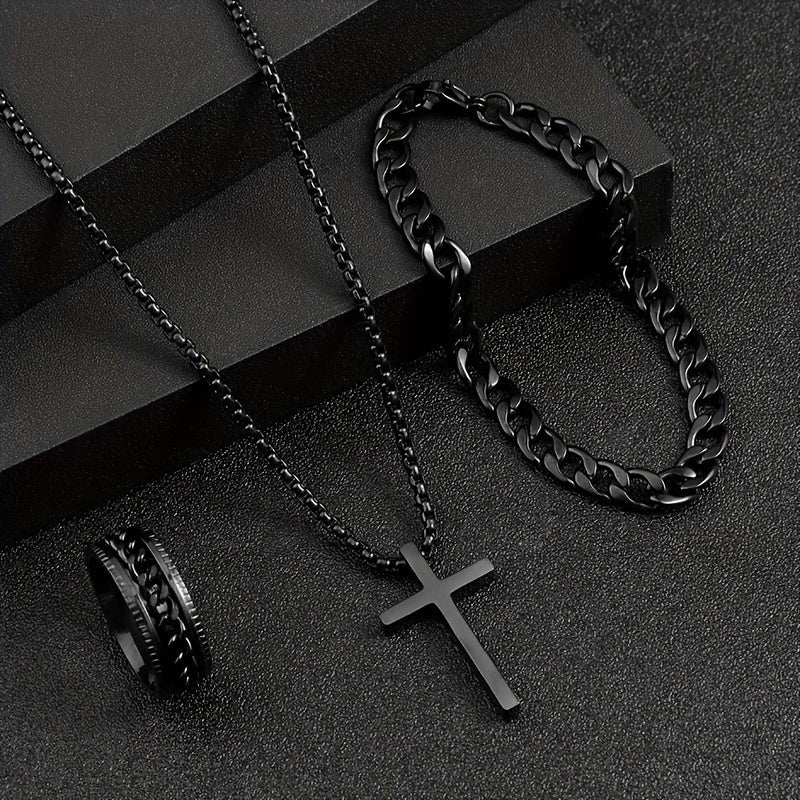 [Accesorios Unisex de 3 pzas] Set de Accesorios Unisex de 3 pzas con Baño de Negro - Collar con Colgante de Cruz Minimalista de Aleación Negra, Pulsera, Anillo - Sin Mosaico, Regalo Elegante para Fiestas, Navidad, Cumpleaños