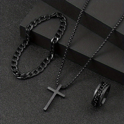 [Accesorios Unisex de 3 pzas] Set de Accesorios Unisex de 3 pzas con Baño de Negro - Collar con Colgante de Cruz Minimalista de Aleación Negra, Pulsera, Anillo - Sin Mosaico, Regalo Elegante para Fiestas, Navidad, Cumpleaños