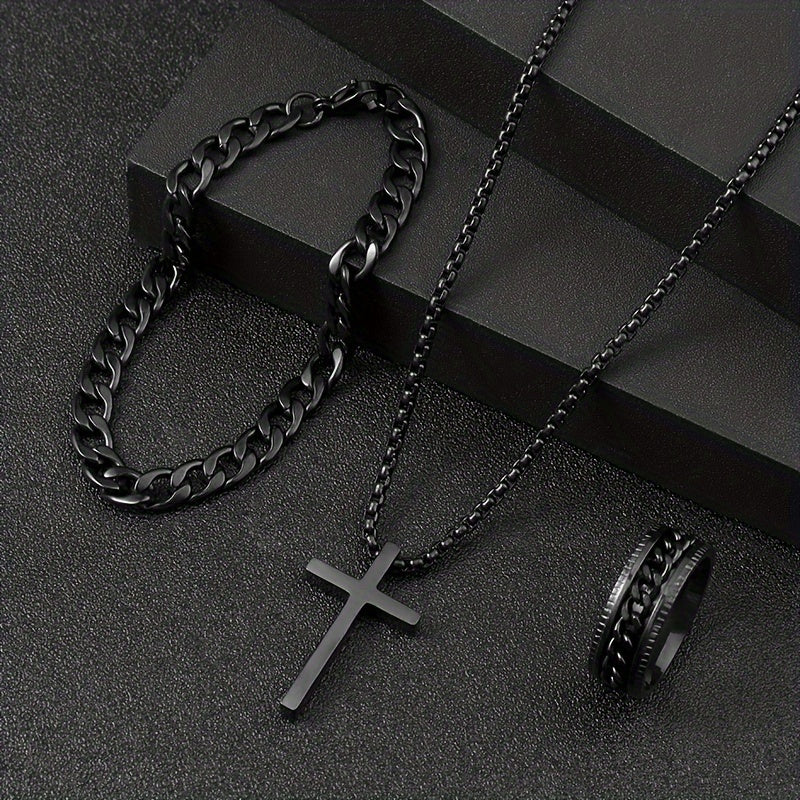 [Accesorios Unisex de 3 pzas] Set de Accesorios Unisex de 3 pzas con Baño de Negro - Collar con Colgante de Cruz Minimalista de Aleación Negra, Pulsera, Anillo - Sin Mosaico, Regalo Elegante para Fiestas, Navidad, Cumpleaños