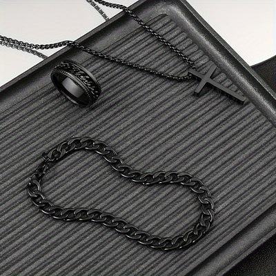 [Accesorios Unisex de 3 pzas] Set de Accesorios Unisex de 3 pzas con Baño de Negro - Collar con Colgante de Cruz Minimalista de Aleación Negra, Pulsera, Anillo - Sin Mosaico, Regalo Elegante para Fiestas, Navidad, Cumpleaños