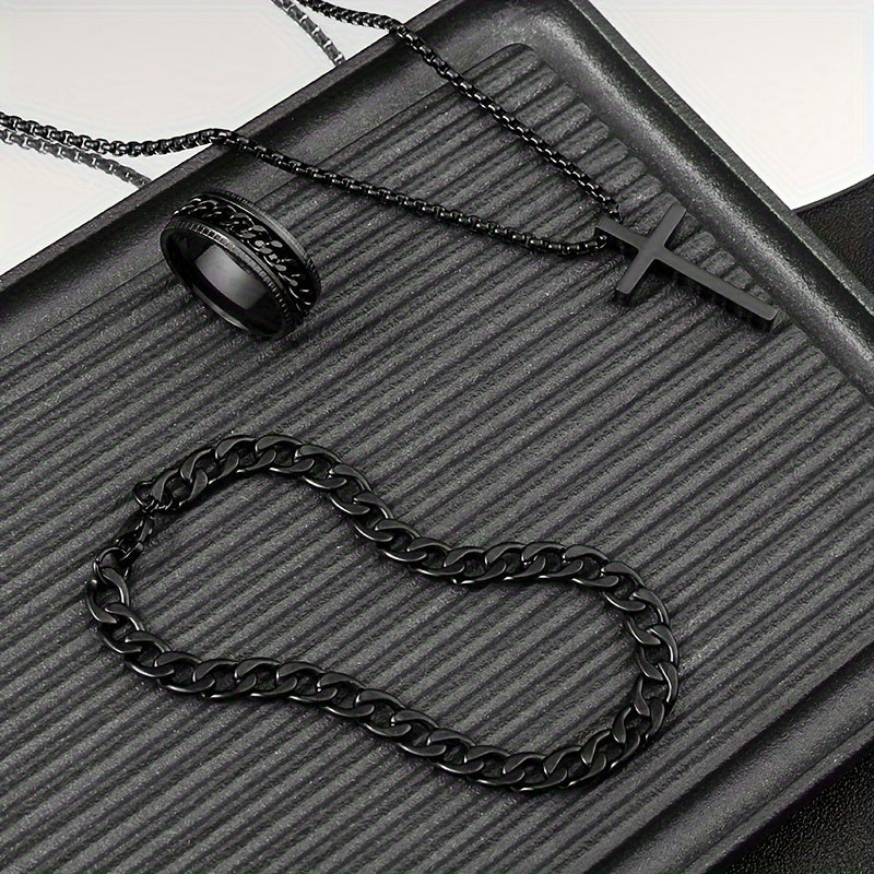 [Accesorios Unisex de 3 pzas] Set de Accesorios Unisex de 3 pzas con Baño de Negro - Collar con Colgante de Cruz Minimalista de Aleación Negra, Pulsera, Anillo - Sin Mosaico, Regalo Elegante para Fiestas, Navidad, Cumpleaños