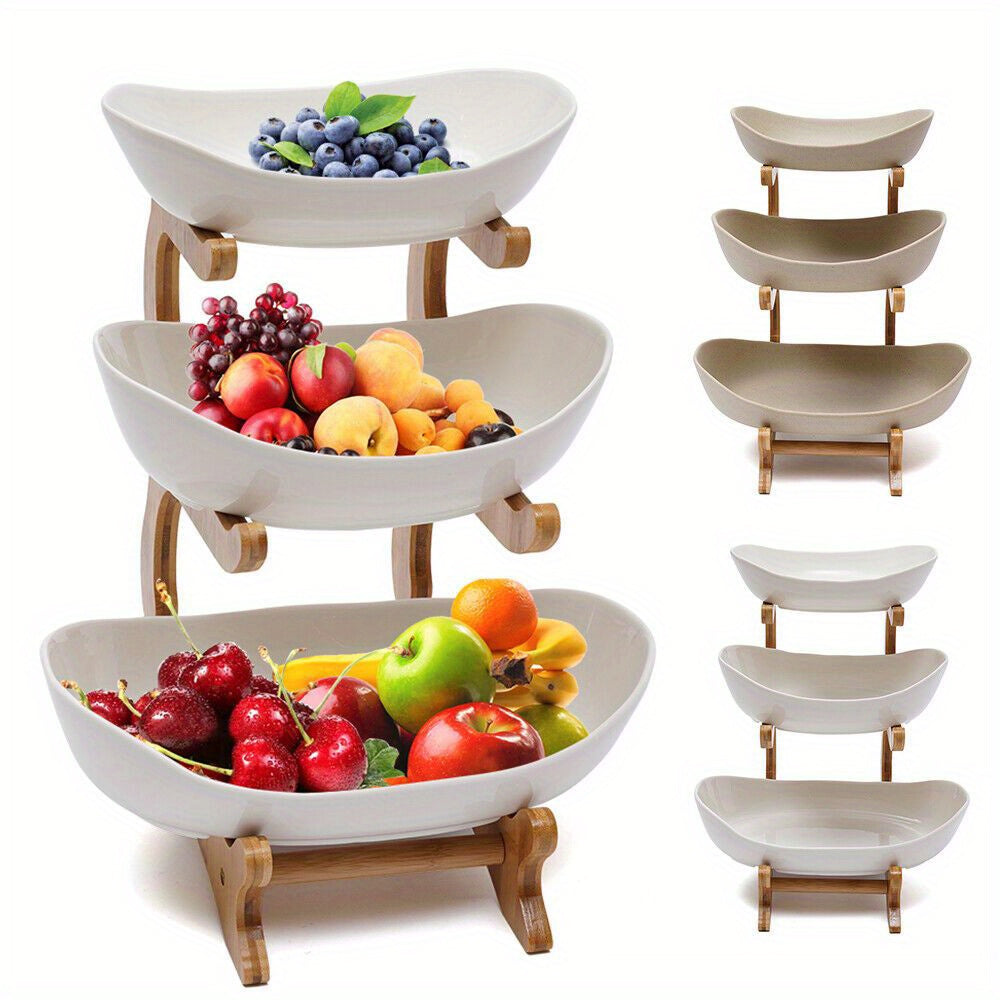 Bandija de frutas y verduras de cerámica con estantería de madera para la cocina del 3er piso