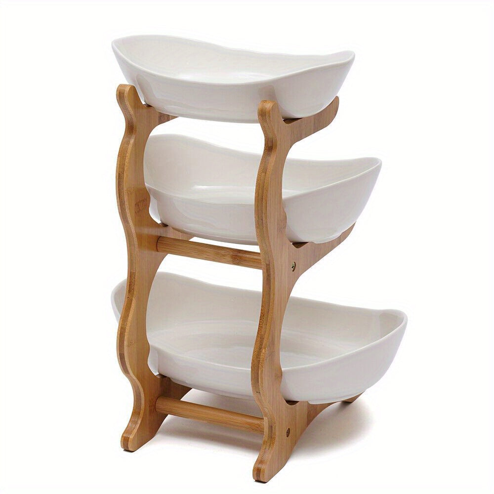 Bandija de frutas y verduras de cerámica con estantería de madera para la cocina del 3er piso