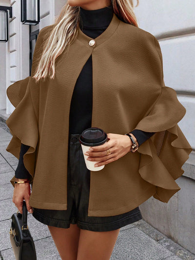 Clasi abrigo elegante de mujer con parches de un solo boton y ribete de volantes en unicolor para otono/invierno