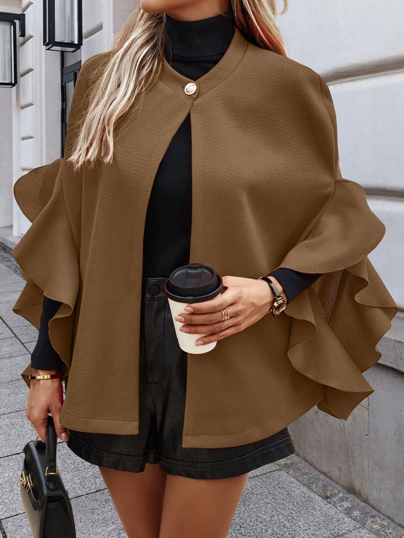 Clasi abrigo de lana elegante con cuello vuelto y abotonadura sencilla, en unicolor, para mujer, para otono/invierno