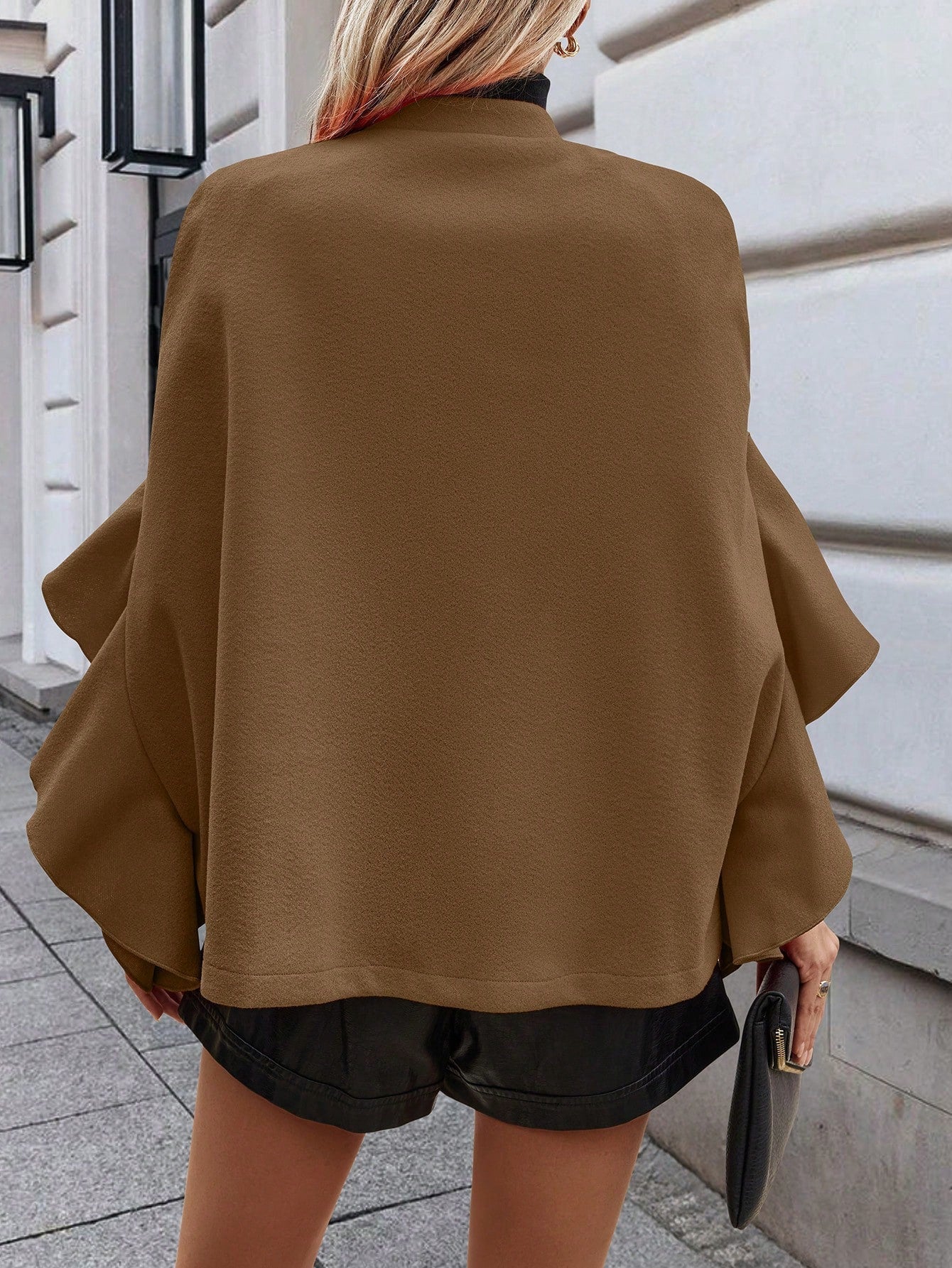 Clasi abrigo largo de lana de mujer de manga larga, de un solo pecho, con cuello alto y manga tipo capa, de unicolor, elegante, para otono/invierno