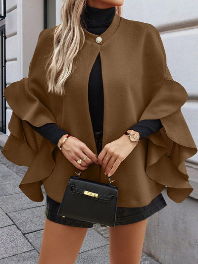 Clasi abrigo largo de lana de mujer de manga larga, de un solo pecho, con cuello alto y manga tipo capa, de unicolor, elegante, para otono/invierno