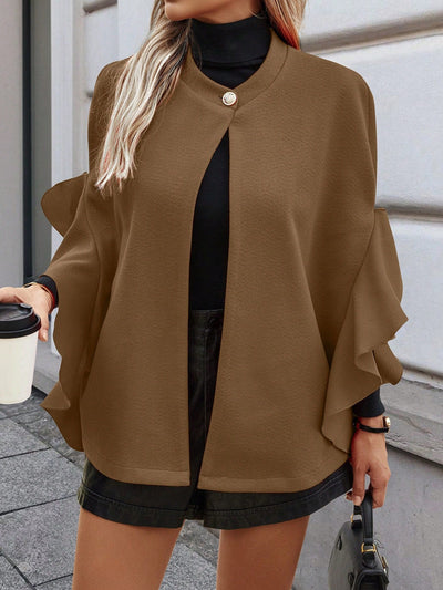 Clasi abrigo largo de lana de mujer de manga larga, de un solo pecho, con cuello alto y manga tipo capa, de unicolor, elegante, para otono/invierno