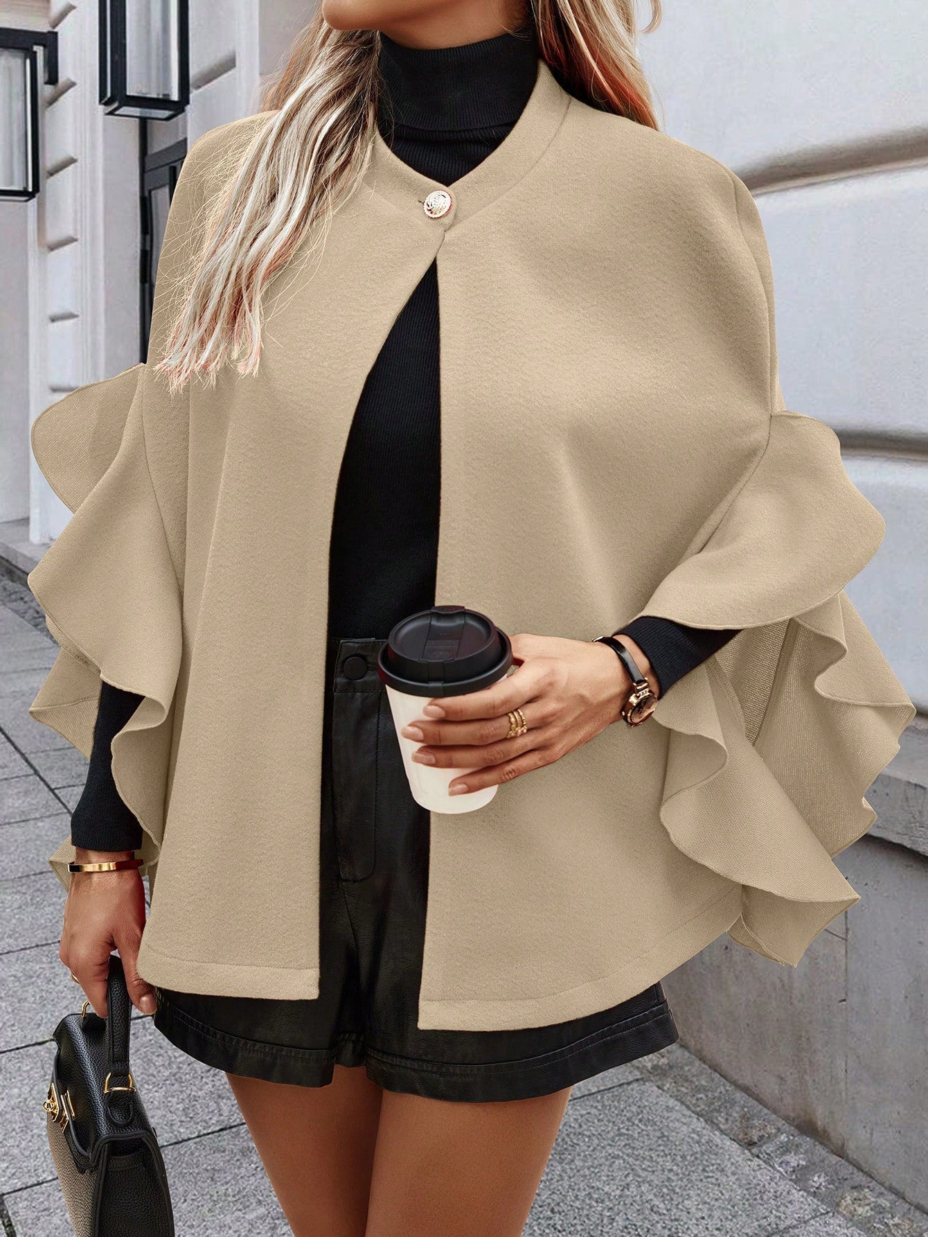 Clasi chaqueta de lana elegante con volantes y parches de un solo abotonado de unicolor para mujer, para otono/invierno