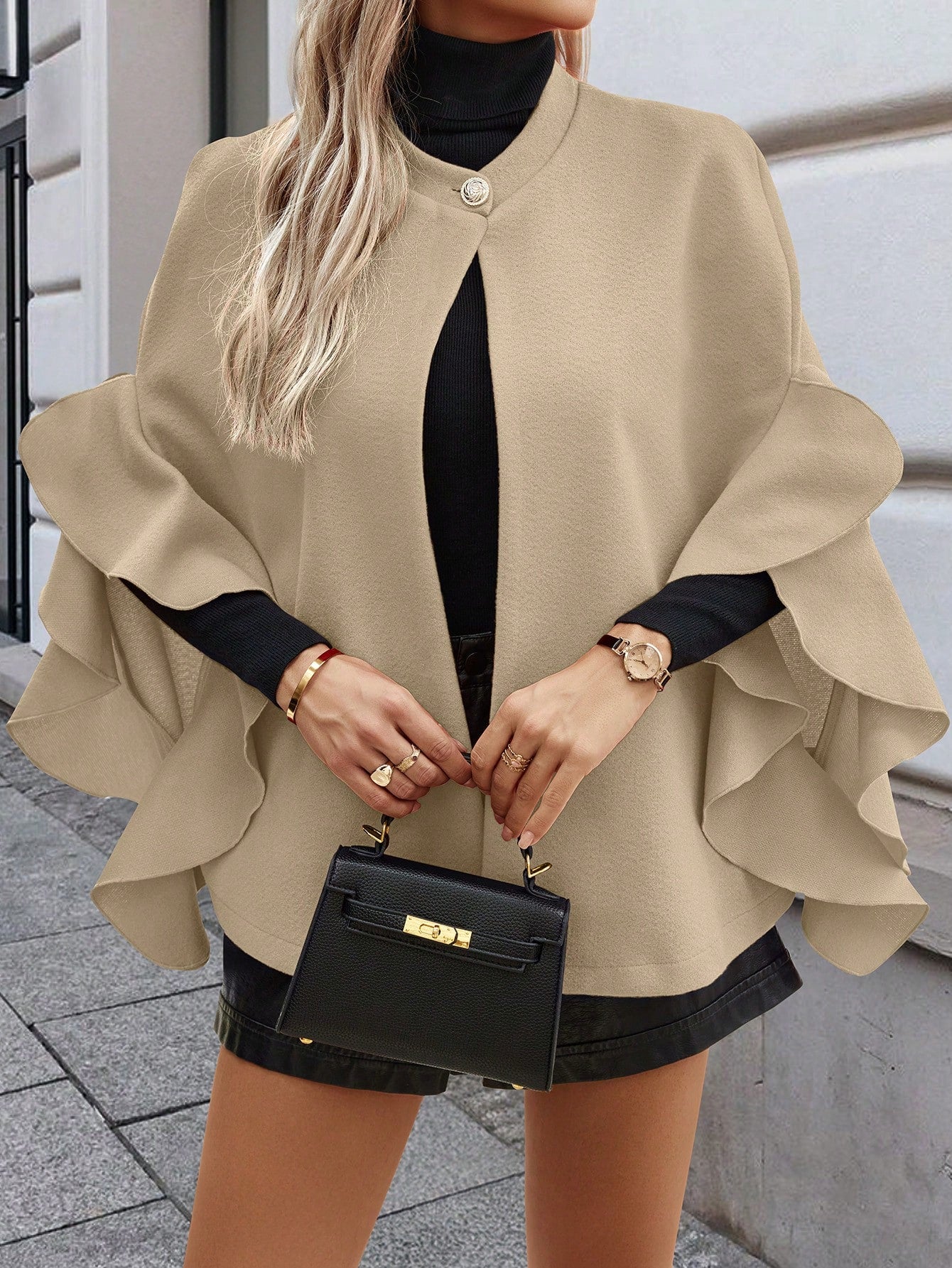 Clasi chaqueta de lana elegante con volantes y parches de un solo abotonado de unicolor para mujer, para otono/invierno