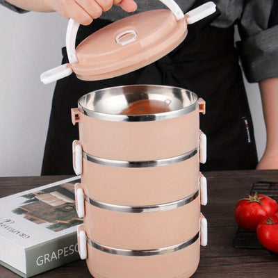 Lonchera de Acero Inoxidable de Gran Capacidad - Diseño Redondo con Asa y Tapa Blanca, Multi-Capa, Ideal para la Escuela, Trabajo, Camping y Picnics - Duradera y Fácil de Limpiar