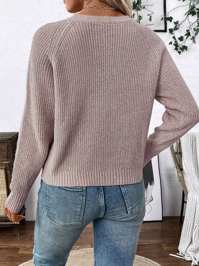 Lune chaqueta de punto de manga larga casual con cuello en v y manga raglan para mujer, con diseno minimalista y ajuste holgado para otono/invierno