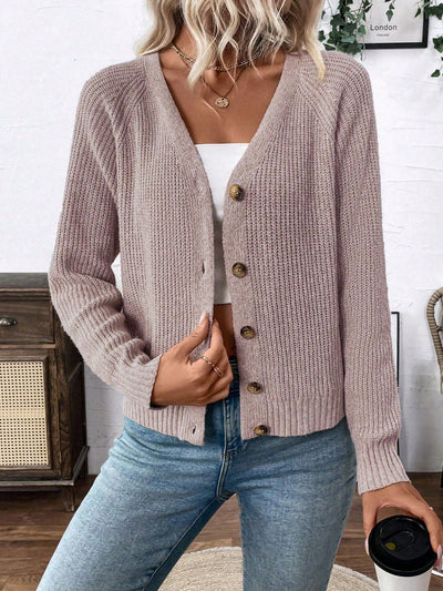 Lune chaqueta de punto de manga larga casual con cuello en v y manga raglan para mujer, con diseno minimalista y ajuste holgado para otono/invierno