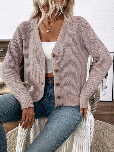 Lune chaqueta de punto de manga larga casual con cuello en v y manga raglan para mujer, con diseno minimalista y ajuste holgado para otono/invierno