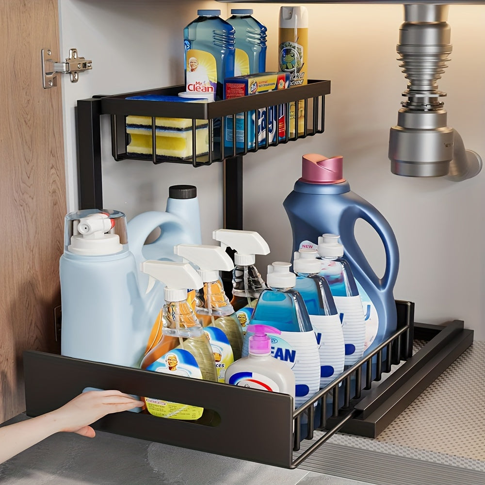 Organizador de 2 niveles para debajo del fregadero, estante extraíble de acero inoxidable resistente al óxido, para almacenamiento en cocina y baño, ideal para primavera