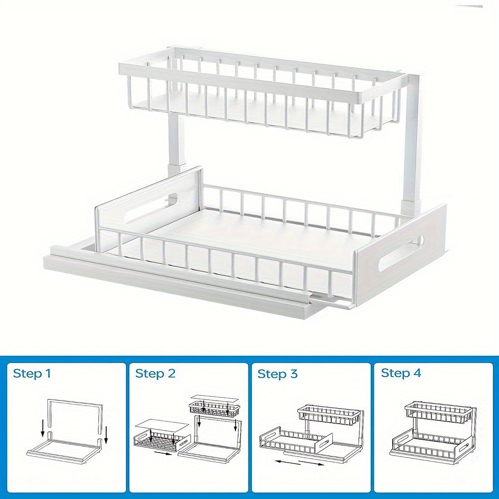 Organizador de 2 niveles para debajo del fregadero, estante extraíble de acero inoxidable resistente al óxido, para almacenamiento en cocina y baño, ideal para primavera