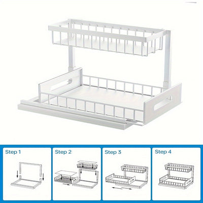 Organizador de 2 niveles para debajo del fregadero, estante extraíble de acero inoxidable resistente al óxido, para almacenamiento en cocina y baño, ideal para primavera