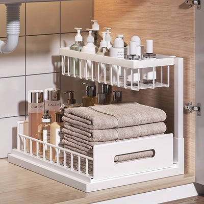 Organizador de 2 niveles para debajo del fregadero, estante extraíble de acero inoxidable resistente al óxido, para almacenamiento en cocina y baño, ideal para primavera