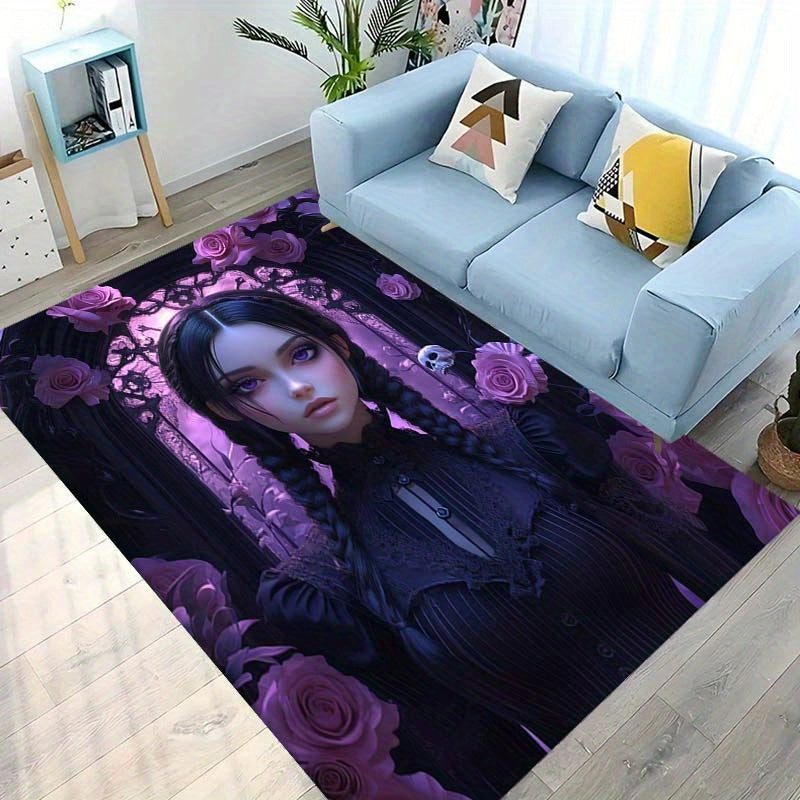 Alfombra de Área con Estampado de Calavera y Rosa Chic - Antideslizante, Perfecta para Silla de Oficina, Estera de Yoga, Dormitorio, Sala de Estar, Decoración de Dormitorio - Alfombra de Poliéster Rectangular