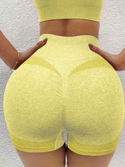 1 pieza shorts de yoga de cintura alta sin costuras amarillos, shorts comodos y transpirables con control de abdomen y levantamiento