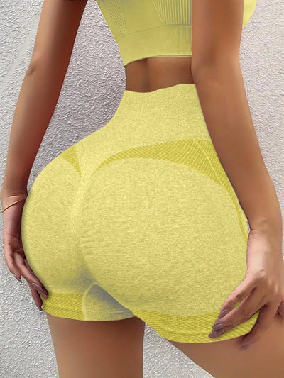 1 pieza shorts de yoga de cintura alta sin costuras amarillos, shorts comodos y transpirables con control de abdomen y levantamiento