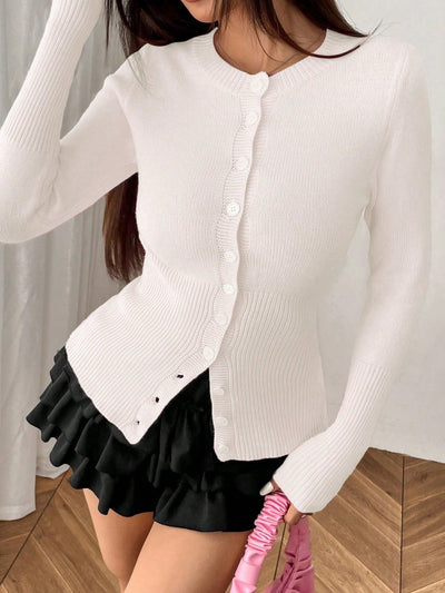 Moosta mujer chaqueta de punto de unicolor con cuello redondo, manga larga, de abotonadura sencilla, versatil y de moda, para otono/invierno