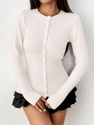 Moosta mujer chaqueta de punto de unicolor con cuello redondo, manga larga, de abotonadura sencilla, versatil y de moda, para otono/invierno