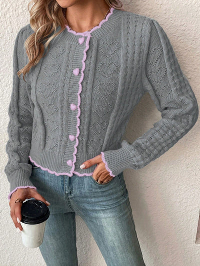 Franclia cardigan casual de mujer con borde de concha de color contrastante, para otono