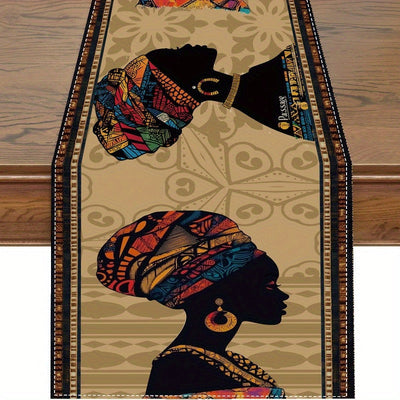 1 pieza de tapete de mesa con silueta de mujer africana - Tapete rectangular de poliéster con diseño africano vibrante, decoración duradera para interiores/exteriores, ideal para cocina, fiestas y decoración de mesa, diseño inspirado en África, borde orn