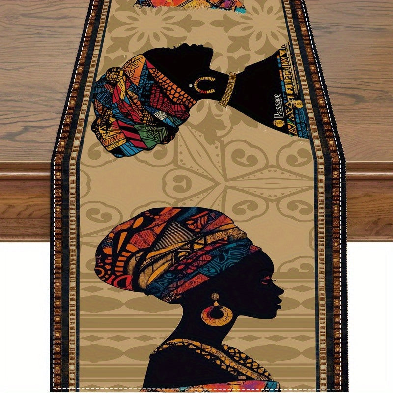 1 pieza de tapete de mesa con silueta de mujer africana - Tapete rectangular de poliéster con diseño africano vibrante, decoración duradera para interiores/exteriores, ideal para cocina, fiestas y decoración de mesa, diseño inspirado en África, borde orn
