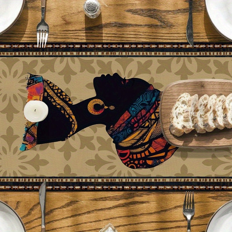 1 pieza de tapete de mesa con silueta de mujer africana - Tapete rectangular de poliéster con diseño africano vibrante, decoración duradera para interiores/exteriores, ideal para cocina, fiestas y decoración de mesa, diseño inspirado en África, borde orn
