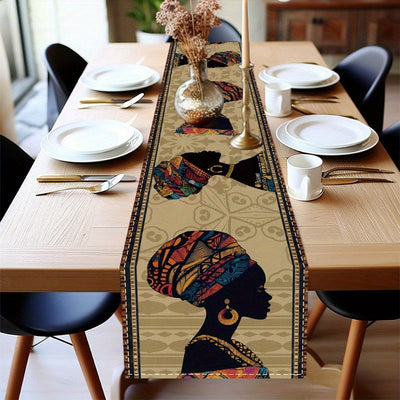 1 pieza de tapete de mesa con silueta de mujer africana - Tapete rectangular de poliéster con diseño africano vibrante, decoración duradera para interiores/exteriores, ideal para cocina, fiestas y decoración de mesa, diseño inspirado en África, borde orn