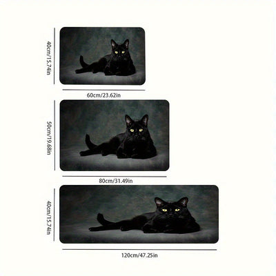 1pc Alfombra de cocina de gato negro de 1.1 cm de grosor, fibra de poliéster duradera, lavable a máquina, respaldo antideslizante, ideal para cocina, sala de estar, porche, balcón y decoración del hogar, alfombra de cocina