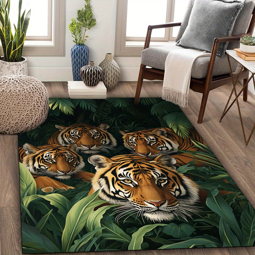 1pc Alfombra de área estampada con tigres en la jungla, alfombra de poliéster lavable y sucia, adecuada para sala de estar/dormitorio/cocina/comedor/dormitorio, decoración del hogar, alfombra de área grande, alfombra para exteriores