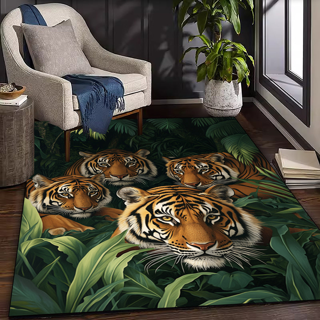1pc Alfombra de área estampada con tigres en la jungla, alfombra de poliéster lavable y sucia, adecuada para sala de estar/dormitorio/cocina/comedor/dormitorio, decoración del hogar, alfombra de área grande, alfombra para exteriores