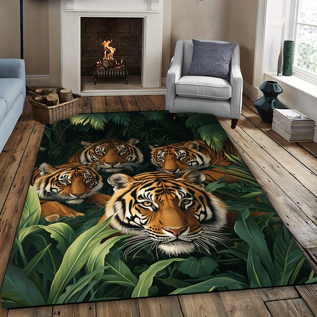 1pc Alfombra de área estampada con tigres en la jungla, alfombra de poliéster lavable y sucia, adecuada para sala de estar/dormitorio/cocina/comedor/dormitorio, decoración del hogar, alfombra de área grande, alfombra para exteriores