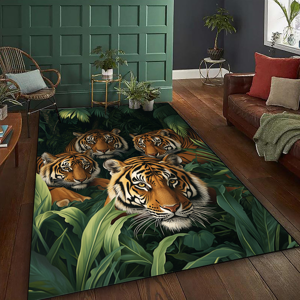 1pc Alfombra de área estampada con tigres en la jungla, alfombra de poliéster lavable y sucia, adecuada para sala de estar/dormitorio/cocina/comedor/dormitorio, decoración del hogar, alfombra de área grande, alfombra para exteriores