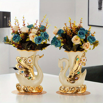 2 piezas de jarrones de cerámica de cisne elegantes, estilo vintage cilíndrico decoración para el hogar, ornamentos de mesa boho chic, no requiere energía, funcionamiento sin baterías, acentos decorativos de mesa | Diseño elegante | Jarrones artesanales