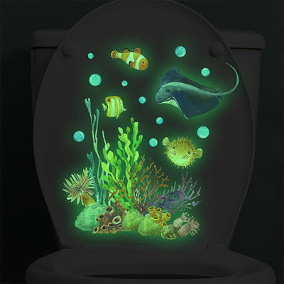 1pc Pegatina de Inodoro del Mundo Submarino que Brilla en la Oscuridad - Coral Vibrante, Pez Diablo y Criaturas Marinas Decoración de Pared de Baño, Pegatina de Plástico No Eléctrica para el Baño de Niños o Sala de Juegos