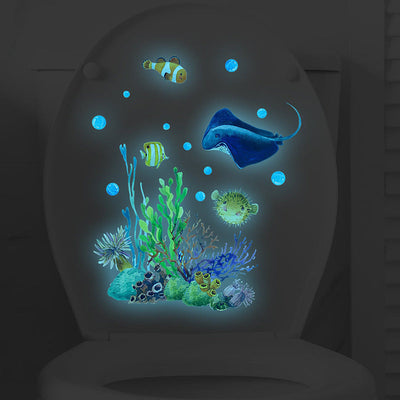 1pc Pegatina de Inodoro del Mundo Submarino que Brilla en la Oscuridad - Coral Vibrante, Pez Diablo y Criaturas Marinas Decoración de Pared de Baño, Pegatina de Plástico No Eléctrica para el Baño de Niños o Sala de Juegos