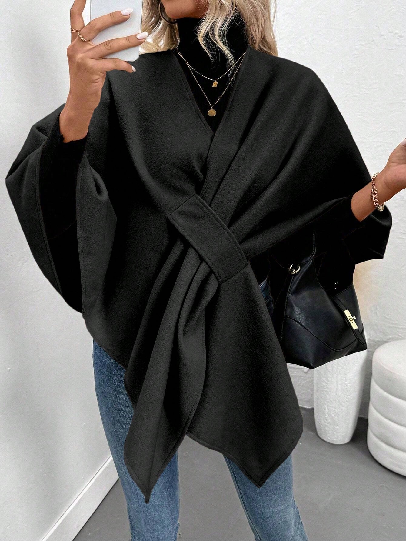Clasi abrigo de lana de unicolor elegante con cierre envolvente para mujer, para otono/invierno