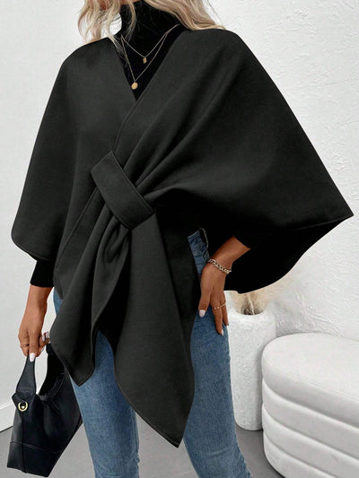 Clasi abrigo de lana de unicolor elegante con cierre envolvente para mujer, para otono/invierno