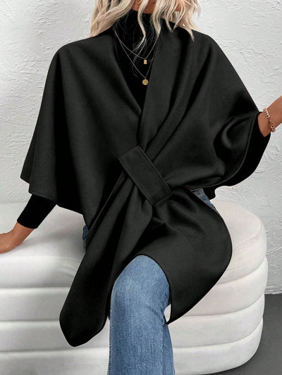 Clasi abrigo de lana de unicolor elegante con cierre envolvente para mujer, para otono/invierno