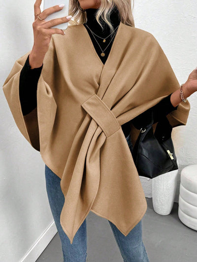 Clasi abrigo de lana de unicolor elegante con cierre envolvente para mujer, para otono/invierno