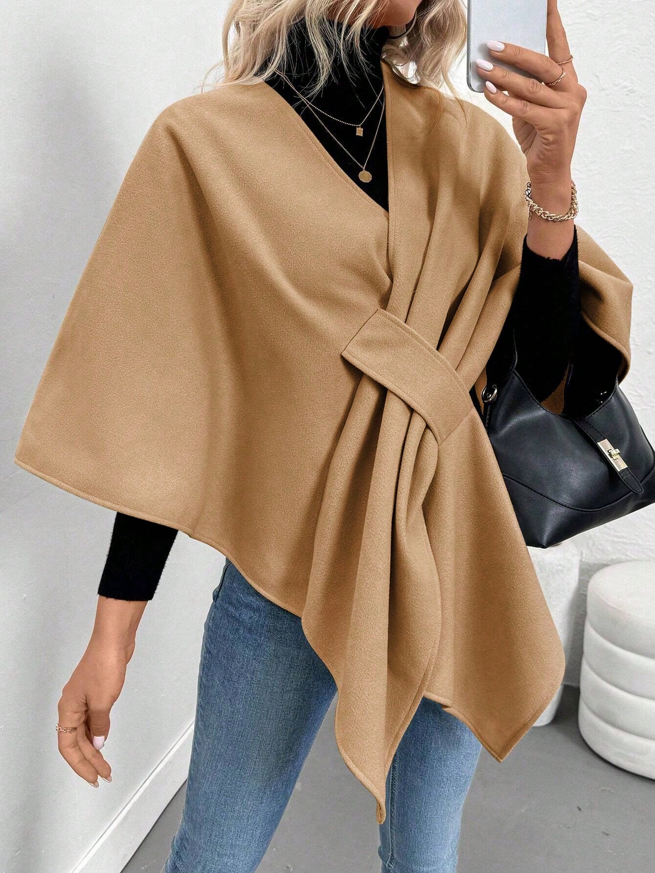 Clasi abrigo de lana de unicolor elegante con cierre envolvente para mujer, para otono/invierno
