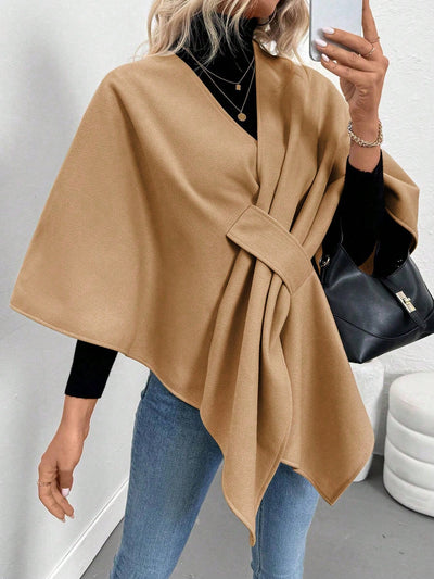 Clasi abrigo de lana de unicolor elegante con cierre envolvente para mujer, para otono/invierno