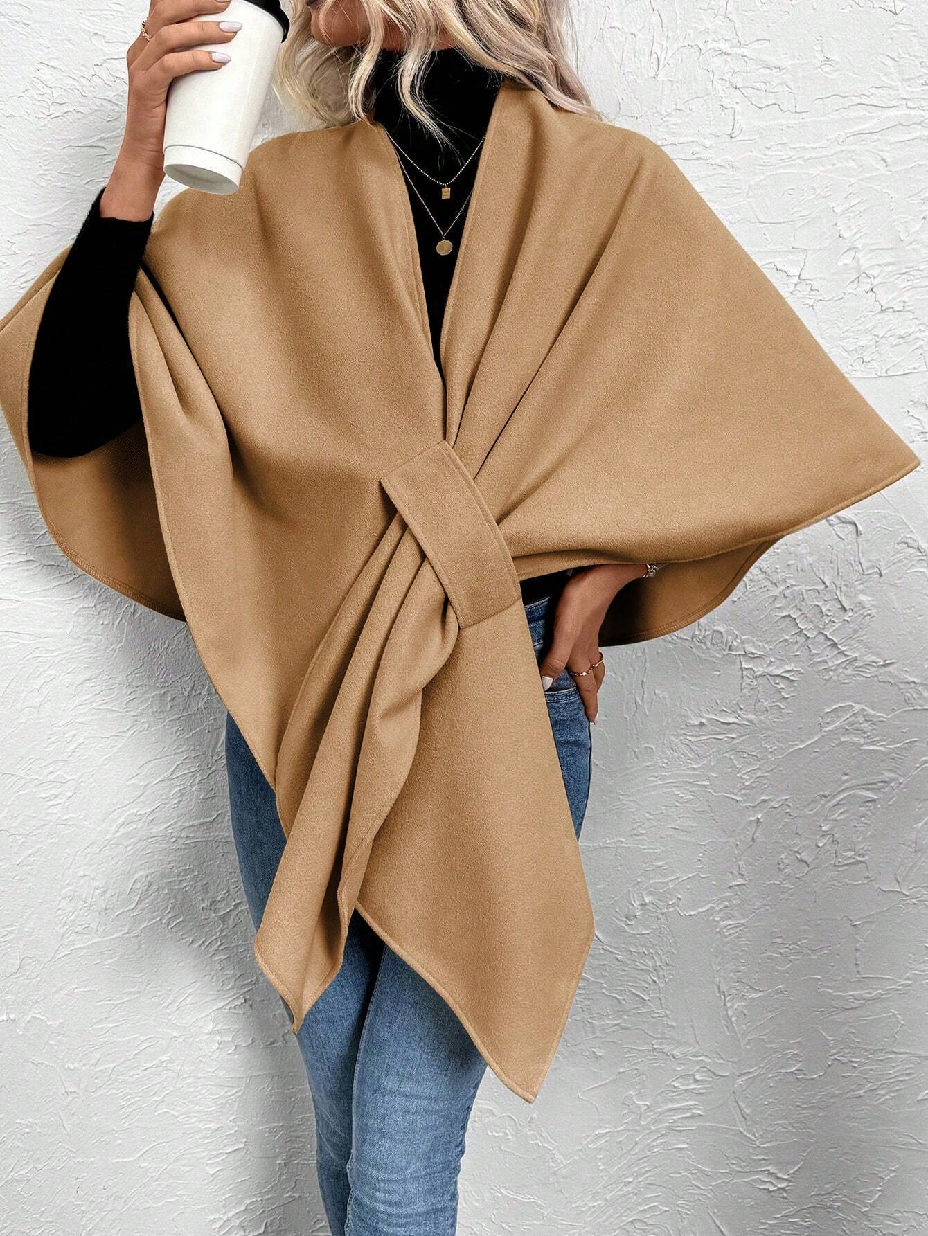 Clasi abrigo de lana de unicolor elegante con cierre envolvente para mujer, para otono/invierno