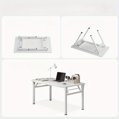 1pc Escritorio Plegable Blanco Moderno - Montaje Fácil, Diseño Compacto para Oficina en Casa, Dormitorios y Espacios Pequeños, Construcción de Madera Dura con Estructura Metálica, Incluye Silla, Estilo Contemporáneo, No Necesita Energía