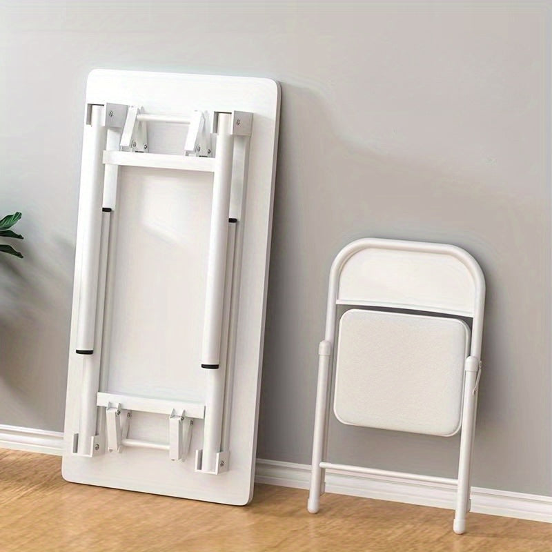 1pc Escritorio Plegable Blanco Moderno - Montaje Fácil, Diseño Compacto para Oficina en Casa, Dormitorios y Espacios Pequeños, Construcción de Madera Dura con Estructura Metálica, Incluye Silla, Estilo Contemporáneo, No Necesita Energía