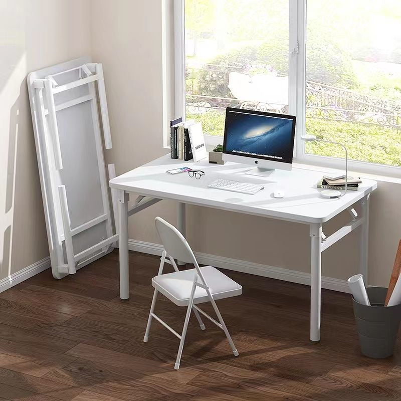 1pc Escritorio Plegable Blanco Moderno - Montaje Fácil, Diseño Compacto para Oficina en Casa, Dormitorios y Espacios Pequeños, Construcción de Madera Dura con Estructura Metálica, Incluye Silla, Estilo Contemporáneo, No Necesita Energía